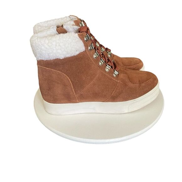 Steve Madden Lakes Wedge Sneaker Faux Fur Sherpa Trim Cognac Suede 8.5M Women's - Picture 6 of 13